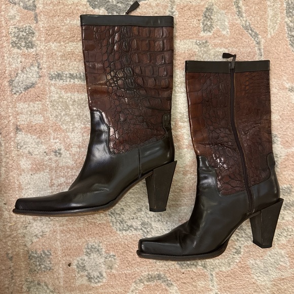 Donald J. Pliner Shoes - Donald J. Pliner Dark Brown Croc-Embossed Heeled Boots